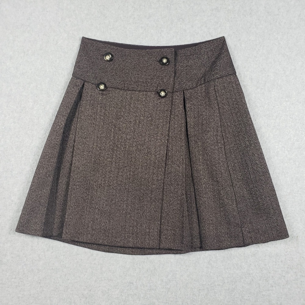 Gap Womens‎ Skirt Herringbone Pleated Button Mini 0 Brown Dark Academia Preppy